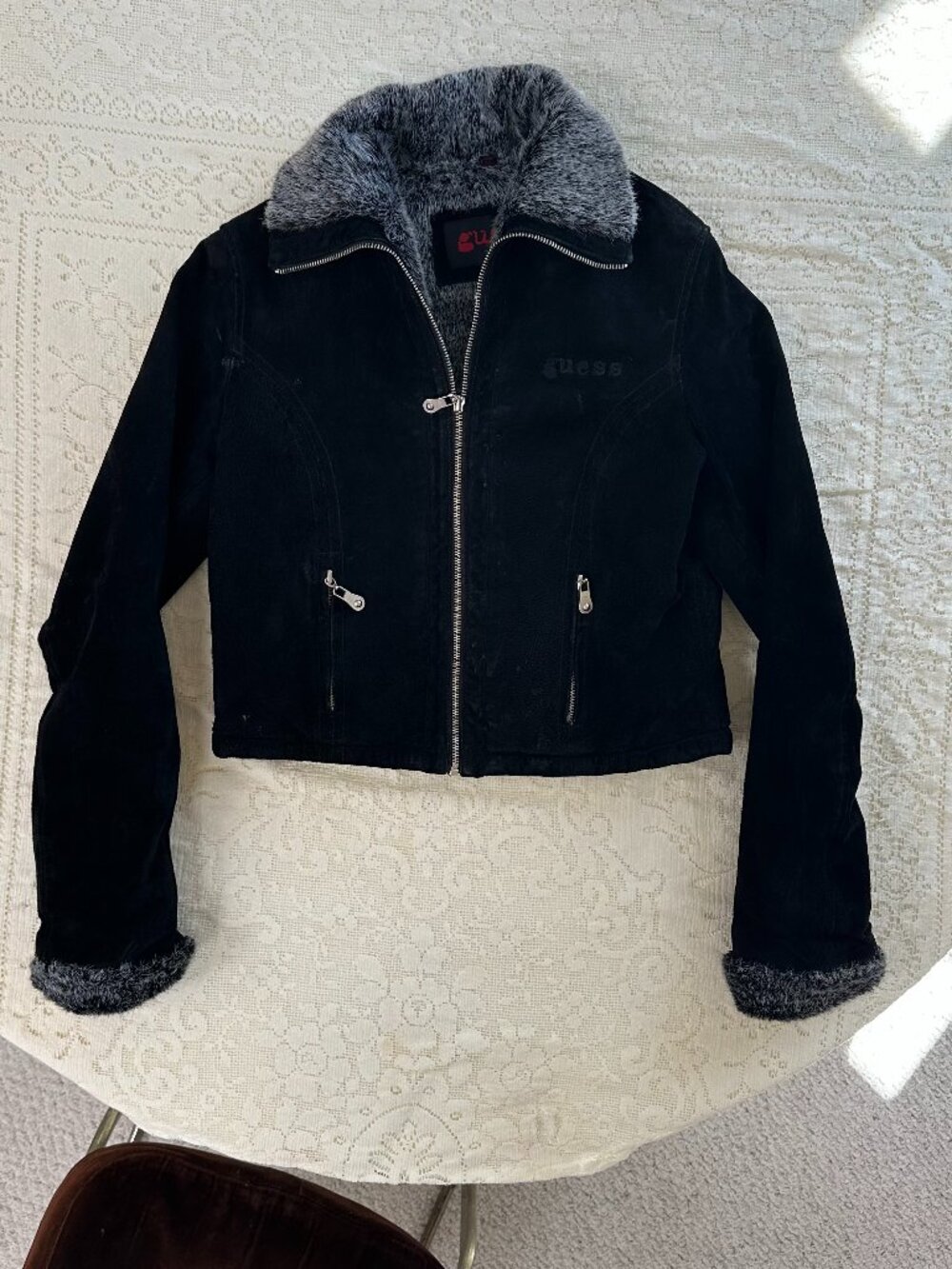 Vintage 90s Y2K Guess Black Suede Faux Fur Collared Zip Up Jacket XS